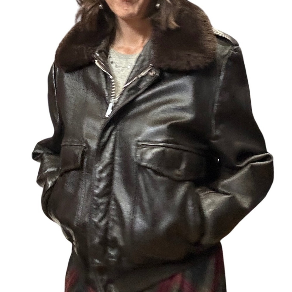 Vintage 60s–70s Leather G-1 Style Flight Jacket Mouton Collar Talon Zip